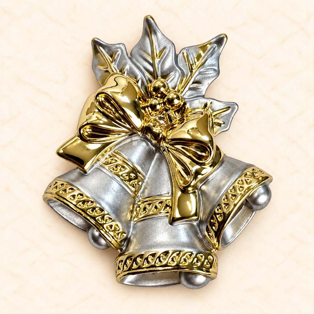 Christmas Bells Brooch Silver Gold Tone Holly Bow Holiday Pin 2 Inch CP302